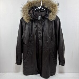VTG Y2K Brown Leather Jacket Women's Removable Fur Lined Hood Size M Field‎ Gear
